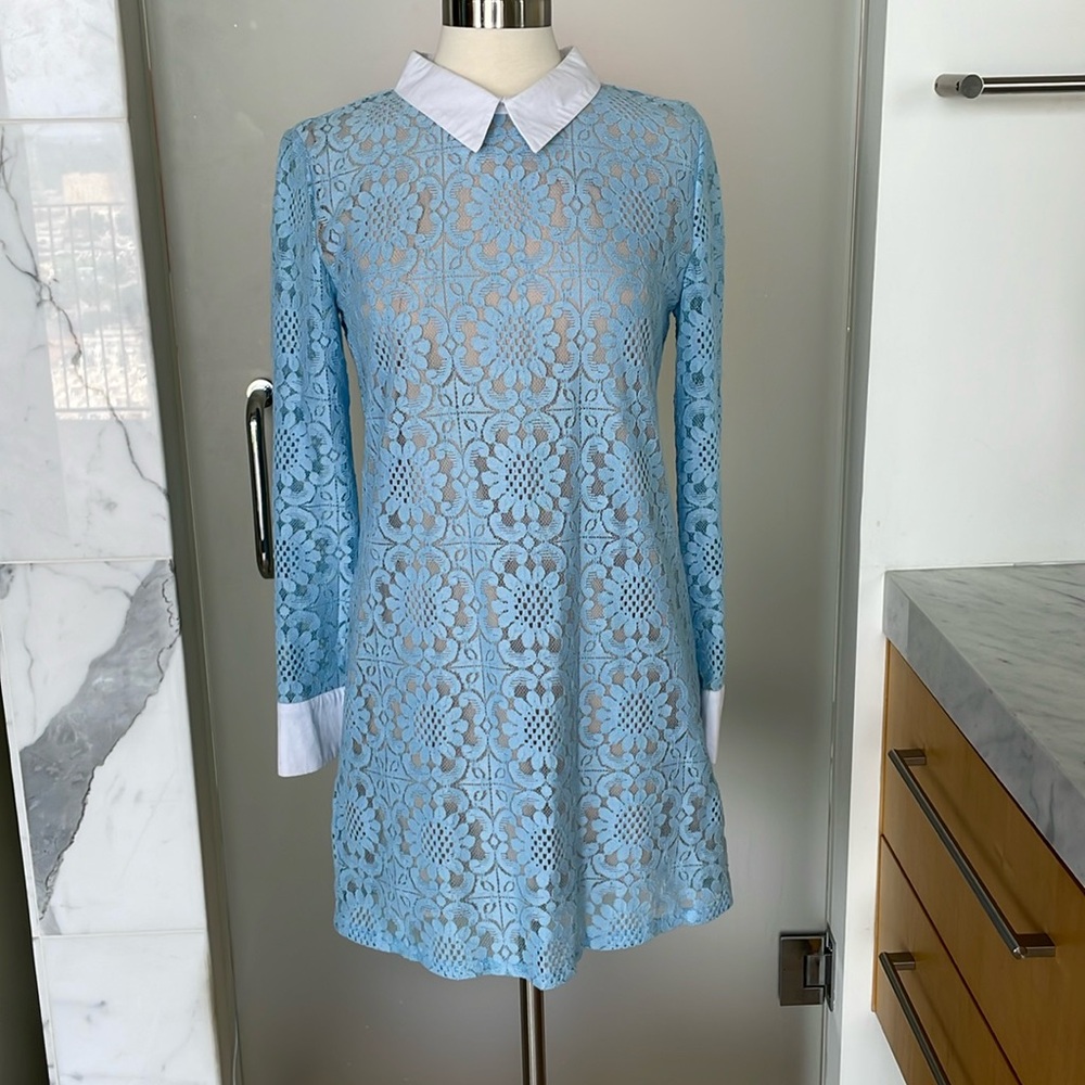 Blue lace shift dress.
